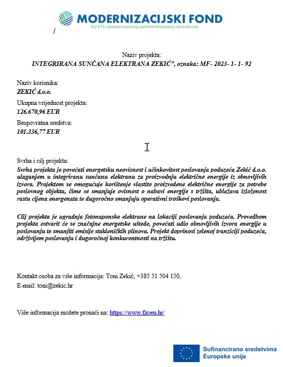 INTEGRIRANA SUNČANA ELEKTRANA ZEKIĆ”, oznaka: MF- 2023- 1- 1- 92